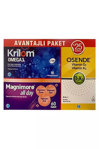Osende D3K2 20ml + Krilom Omega 3 50 Kapsül+ Magnimore Allday 60 Tablet Avantajlı Paket