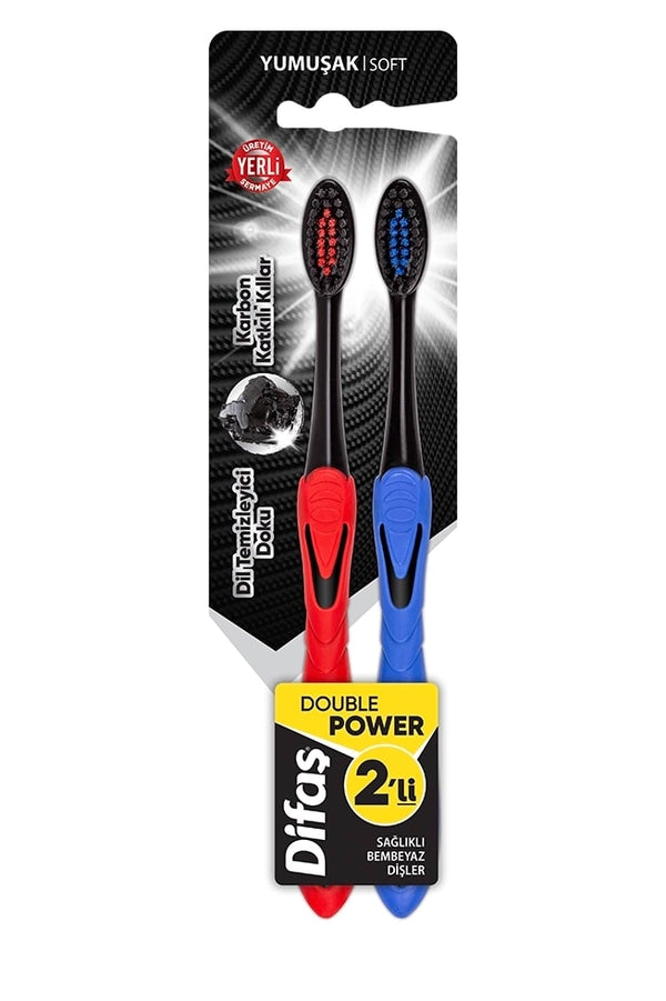 Difaş Double Power Karbon Katkılı Yumuşak Kıllı Diş Fırçası 2'li