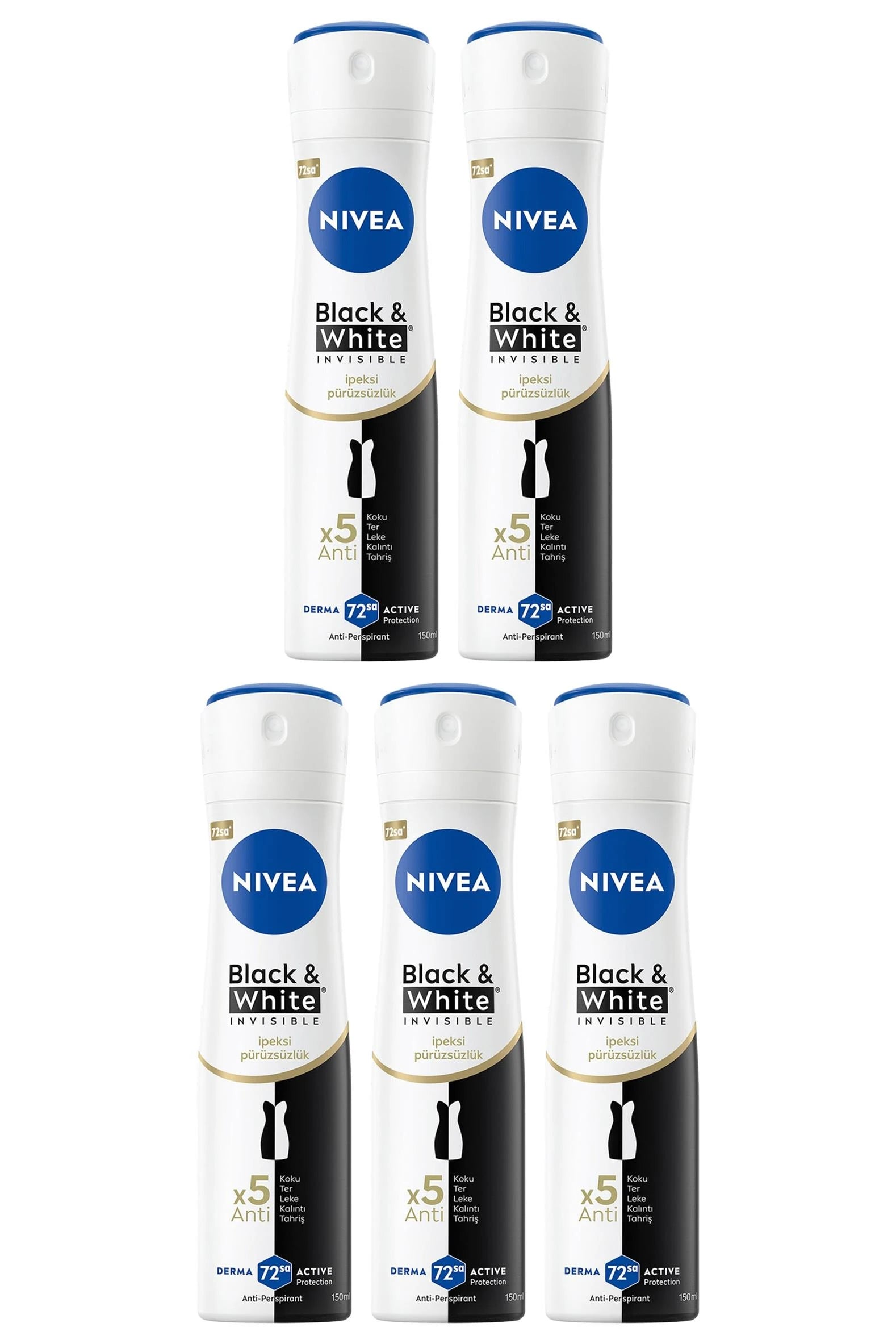 Nivea Black White Invisible İpeksi Pürüzsüzlük Deodorant 150 ml 5 Adet