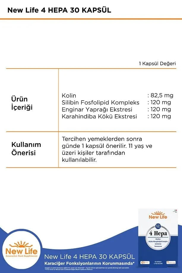 New Life 4 Hepa 30 Yumuşak Kapsül - Silibin Fosfolipid - Kolin - Enginar Yaprağı ve Karahindiba Kök Ekstresi