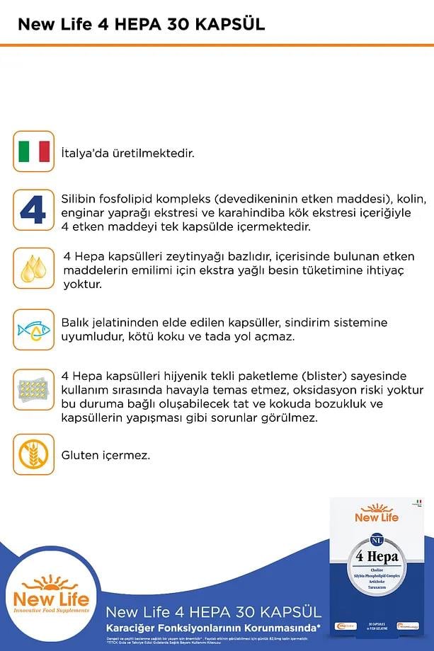 New Life 4 Hepa 30 Yumuşak Kapsül - Silibin Fosfolipid - Kolin - Enginar Yaprağı ve Karahindiba Kök Ekstresi