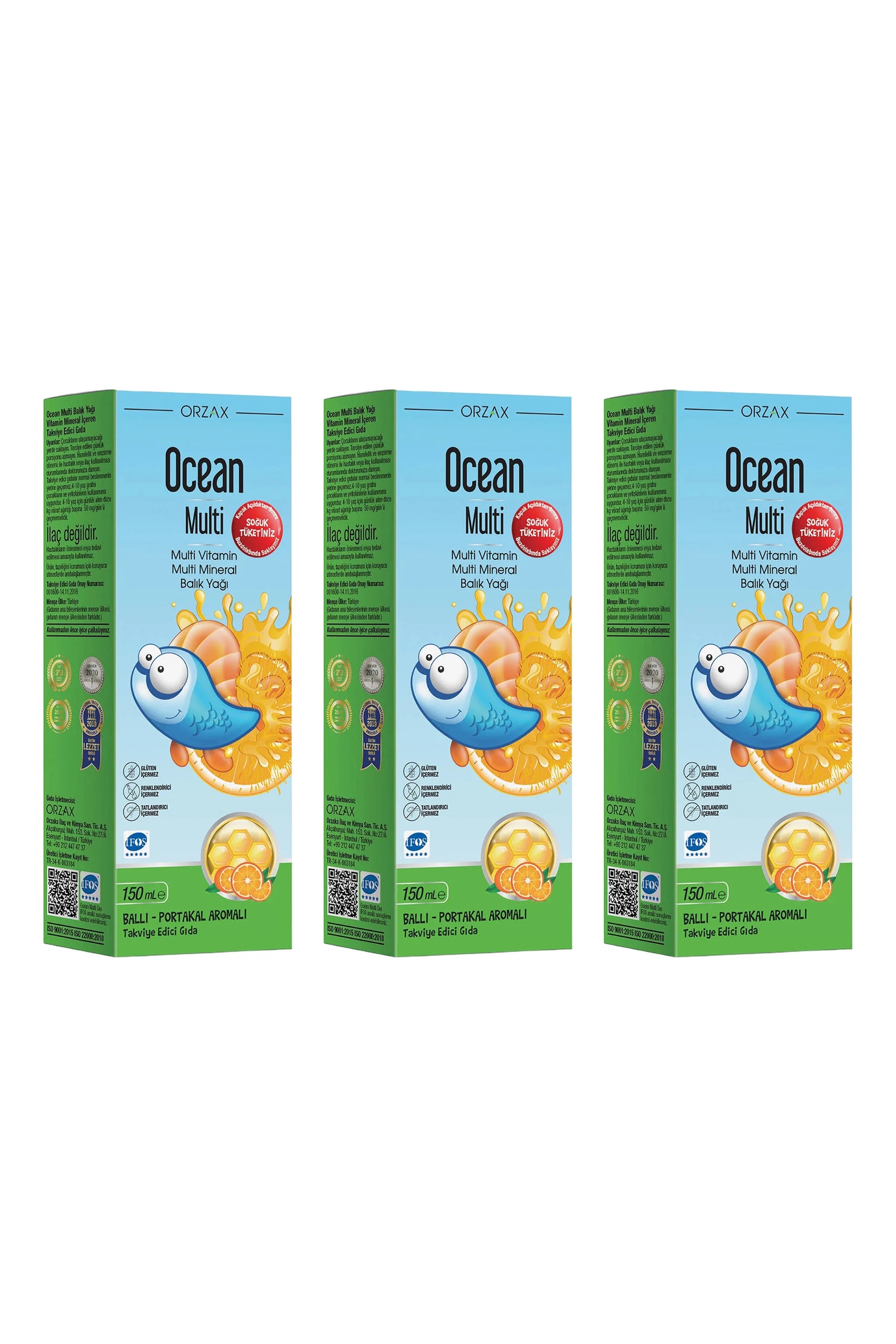 Ocean Multi Vitamin Mineral Balık Yağı Bal ve Portakal Aromalı 150 ml 3 Adet