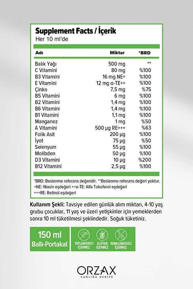 Ocean Multi Vitamin Mineral Balık Yağı Bal ve Portakal Aromalı 150 ml 3 Adet